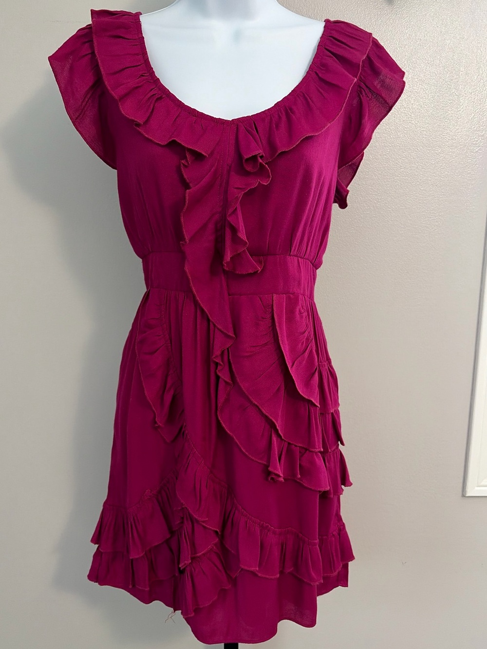 MM Couture by Miss Me- Ruffled Magenta Mini Dress with Scoop Neck